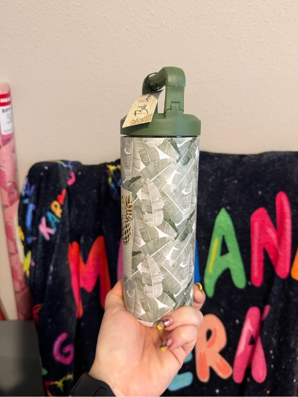 Green Palm Leaf Pattern Insulated Water Bottle with Flip Lid